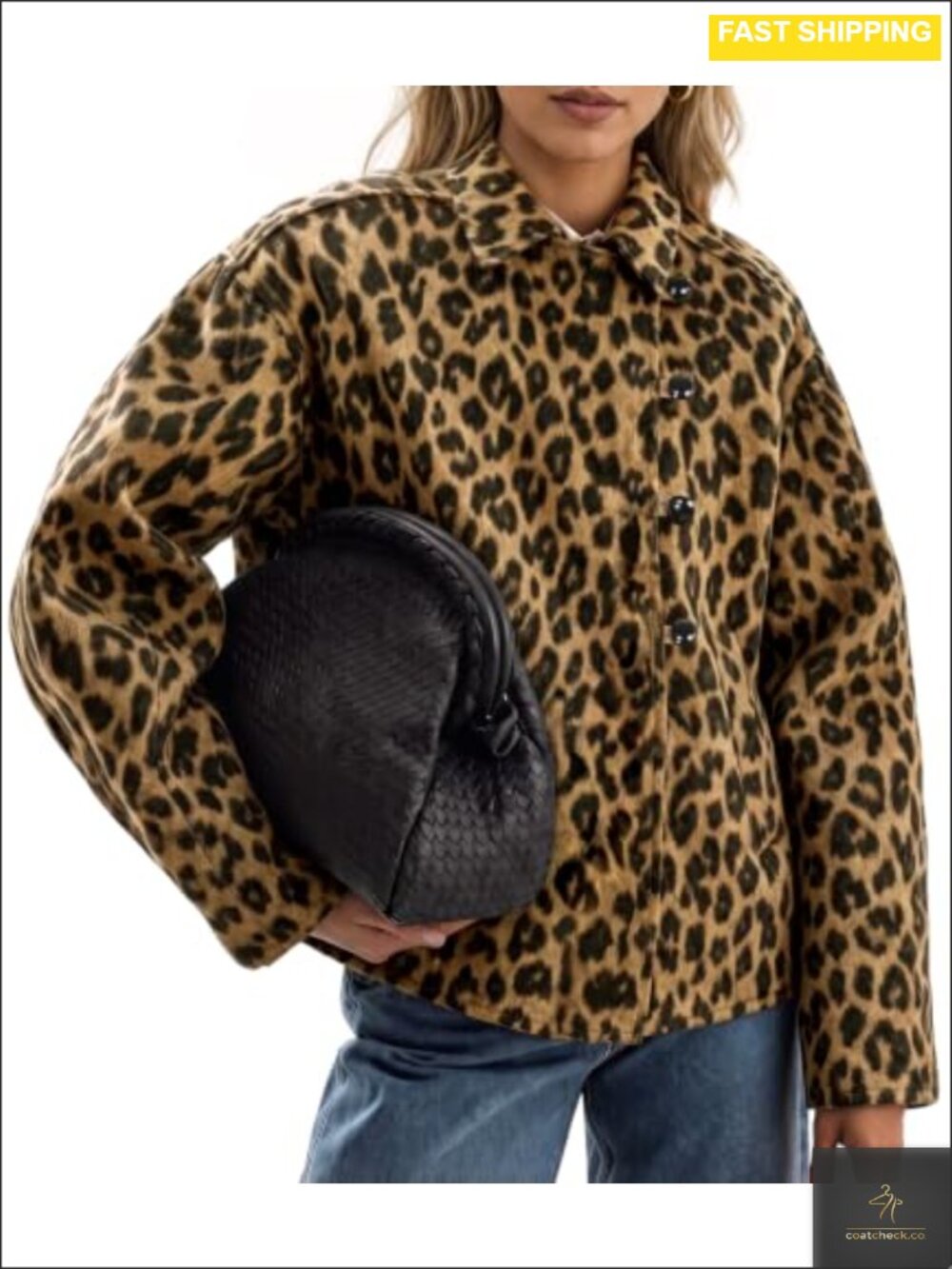 Faux Wool Leopard Print Pea Coat Button Down Long Sleeve Crop Jacket
